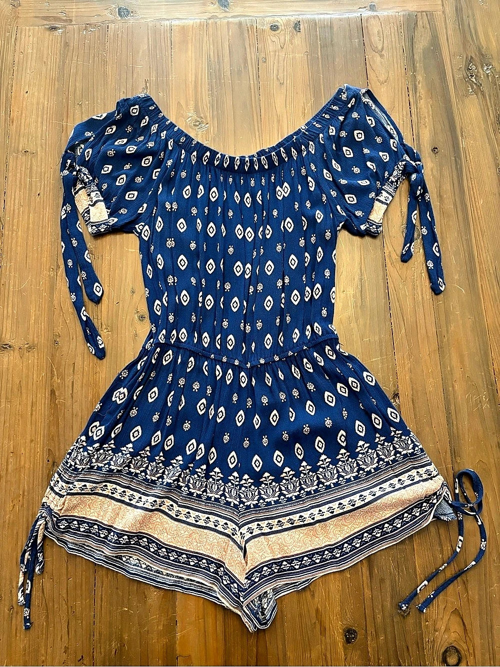 Band of Gypsies Navy Blue Paisley Off Shoulder Romper - Size Large
